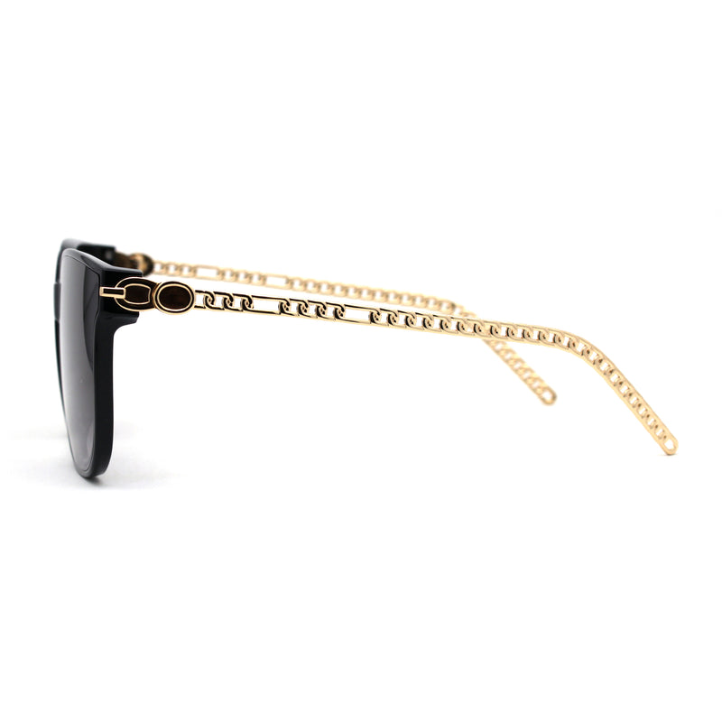 Womens Inset Horn Rimed Chain Arm Chic Rectangular Sunglasses