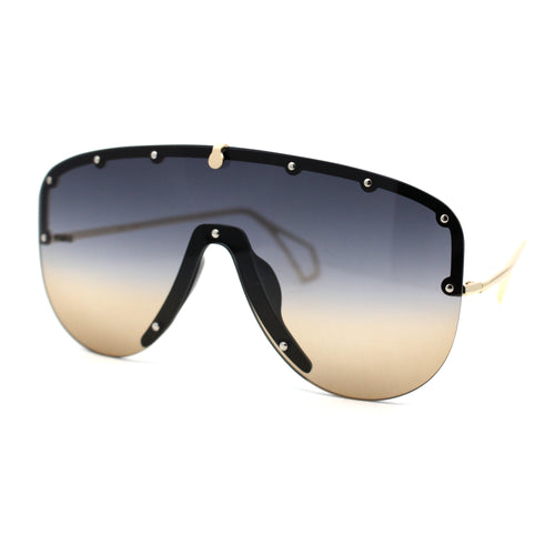 Flashy Metal Stud Brow Line Rimless Shield Racer Sunglasses