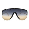 Flashy Metal Stud Brow Line Rimless Shield Racer Sunglasses