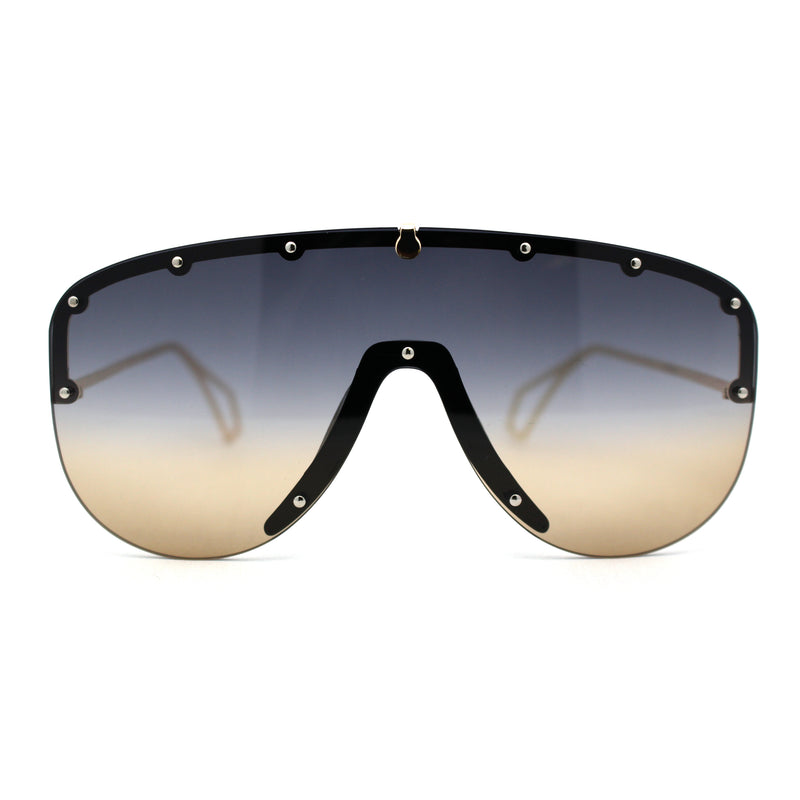 Flashy Metal Stud Brow Line Rimless Shield Racer Sunglasses