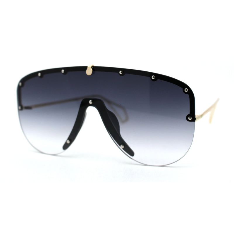 Flashy Metal Stud Brow Line Rimless Shield Racer Sunglasses