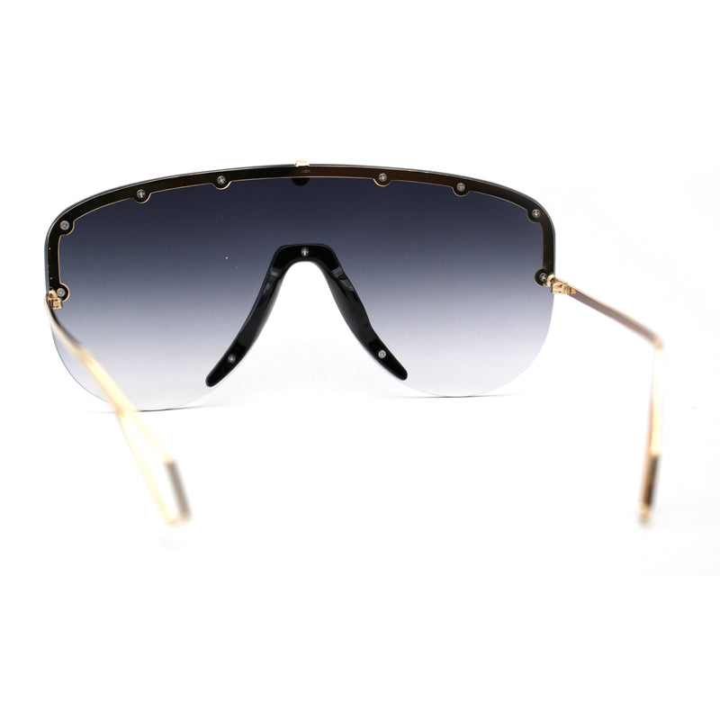 Flashy Metal Stud Brow Line Rimless Shield Racer Sunglasses