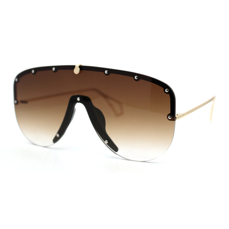 Flashy Metal Stud Brow Line Rimless Shield Racer Sunglasses