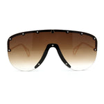 Flashy Metal Stud Brow Line Rimless Shield Racer Sunglasses