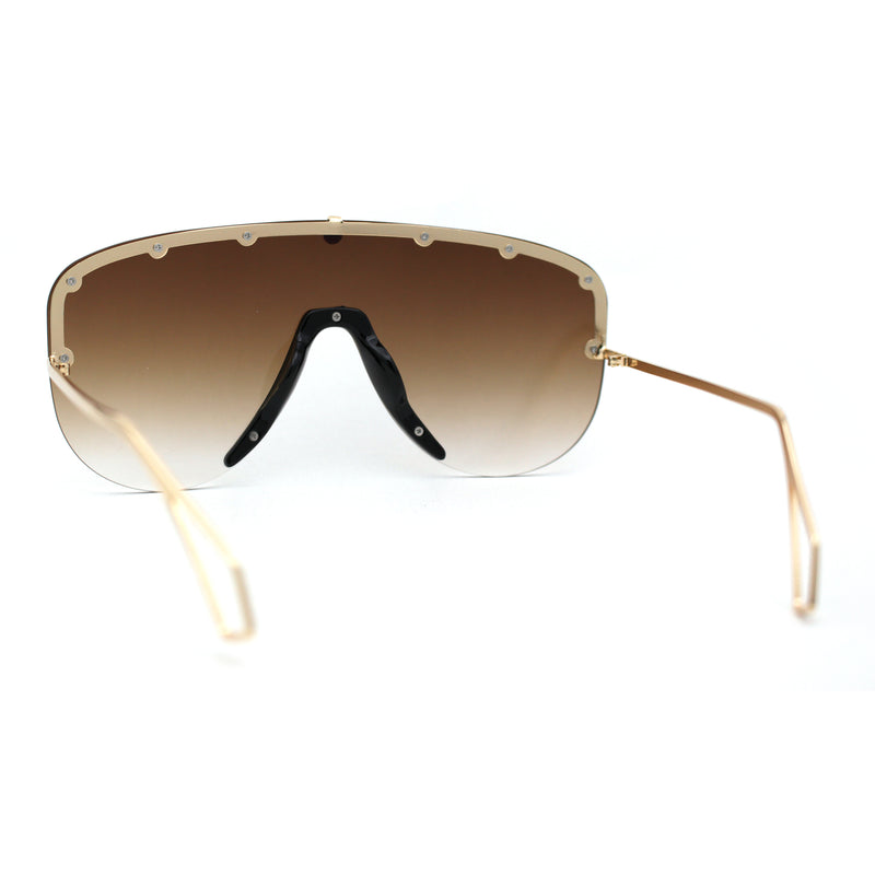 Flashy Metal Stud Brow Line Rimless Shield Racer Sunglasses