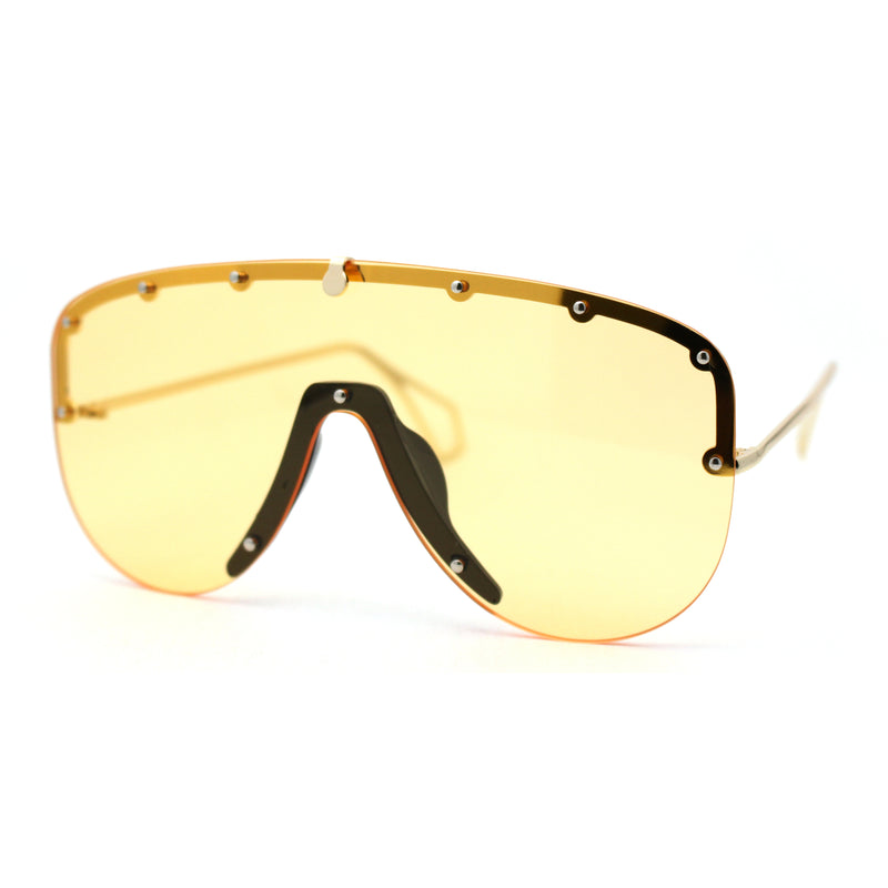 Flashy Metal Stud Brow Line Rimless Shield Racer Sunglasses