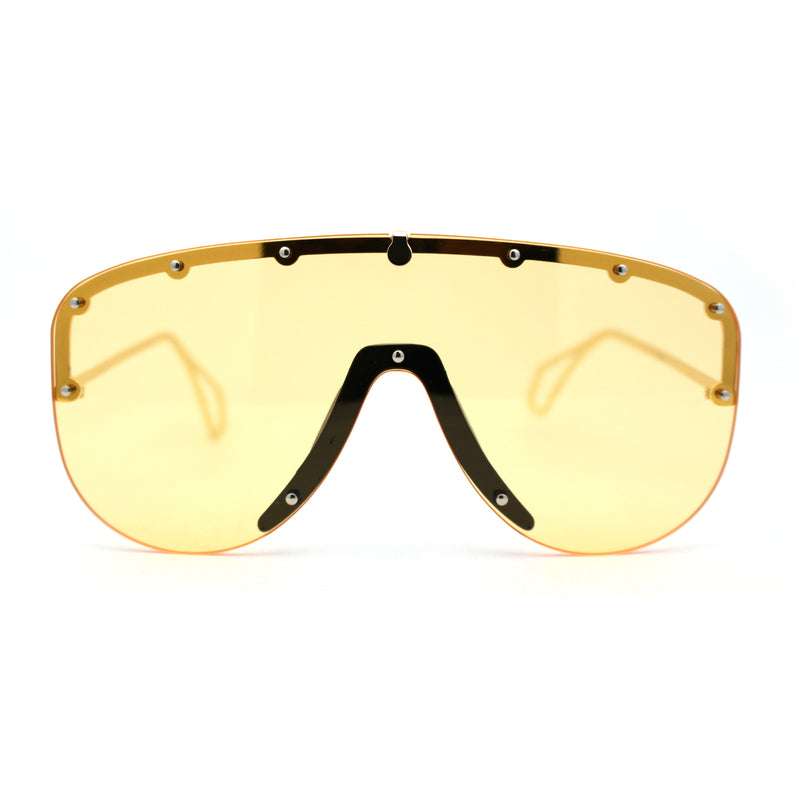 Flashy Metal Stud Brow Line Rimless Shield Racer Sunglasses