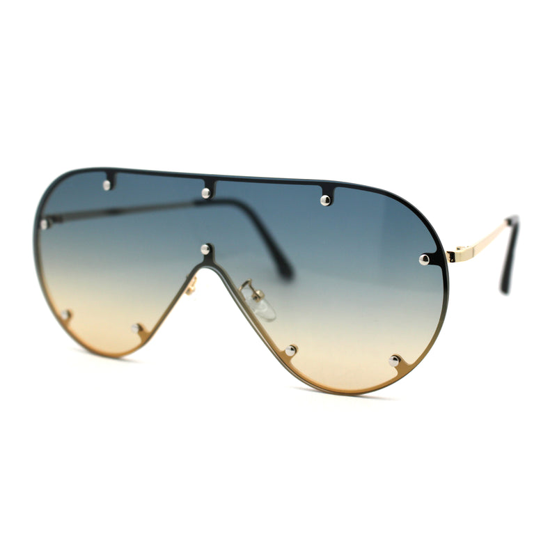 Metal Stud Brow Line Flat Top Rimless Shield Racer Sunglasses