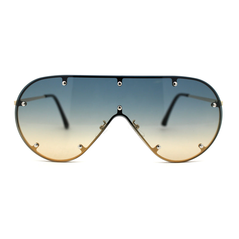 Metal Stud Brow Line Flat Top Rimless Shield Racer Sunglasses