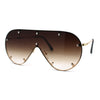 Metal Stud Brow Line Flat Top Rimless Shield Racer Sunglasses