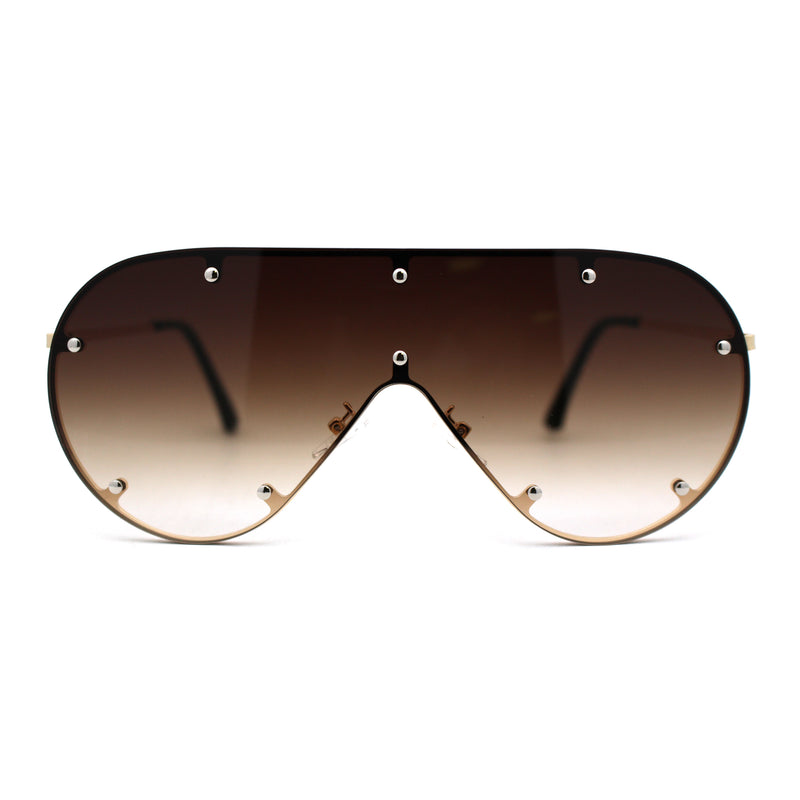 Metal Stud Brow Line Flat Top Rimless Shield Racer Sunglasses