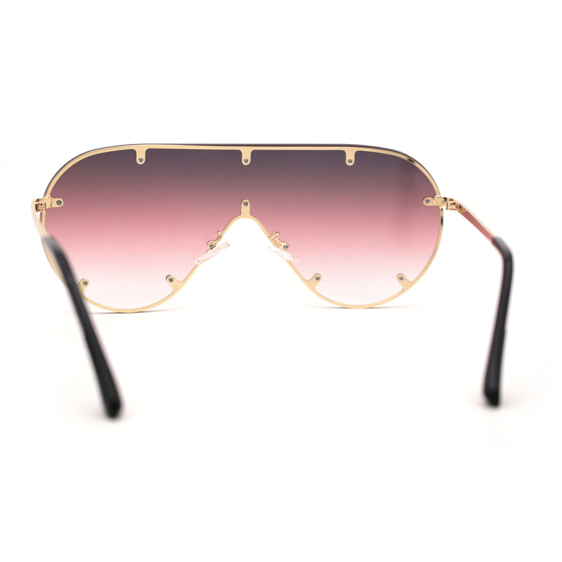 Metal Stud Brow Line Flat Top Rimless Shield Racer Sunglasses