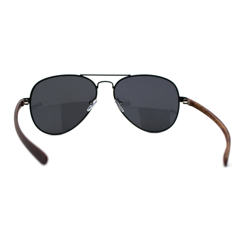 Mens Classic Airforce Woodgrain Wrap Arm Metal Aviator Sunglasses All Black