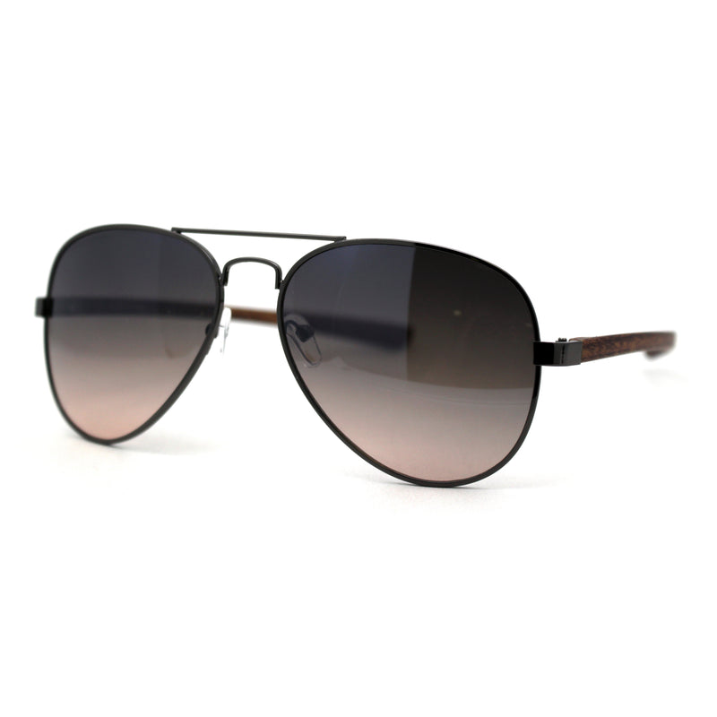 Mens Classic Airforce Woodgrain Wrap Arm Metal Aviator Sunglasses All Black