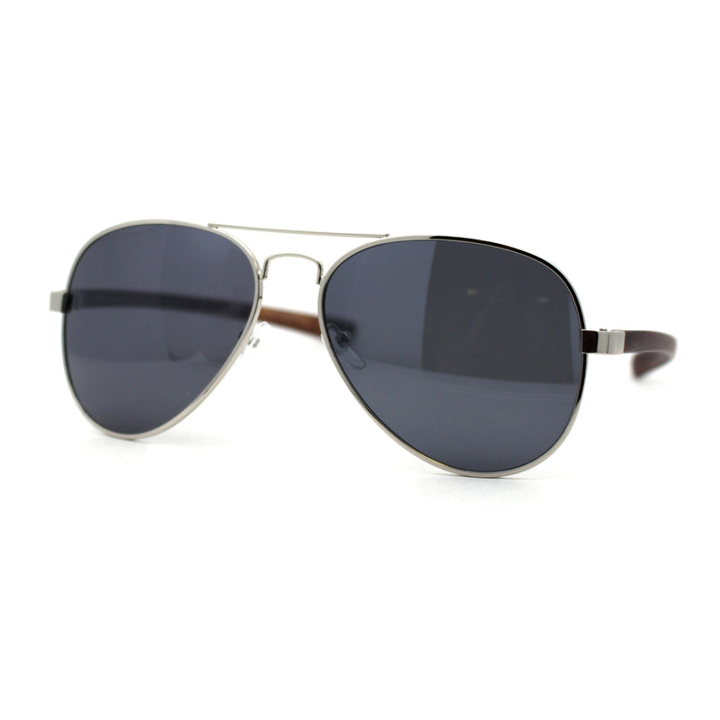 Mens Classic Airforce Woodgrain Wrap Arm Metal Aviator Sunglasses All Black