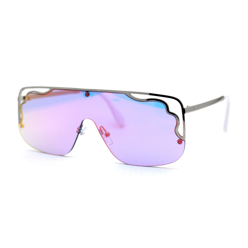 Womens Unique Art Deco Trim Flat Top Racer Shield Sunglasses