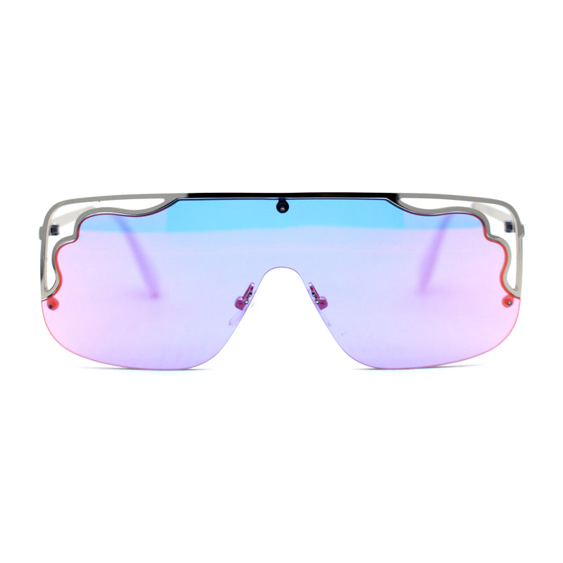 Womens Unique Art Deco Trim Flat Top Racer Shield Sunglasses