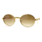 Heavy Rhinestone Trim OG Rapper Woodgrain Arm Oval Sunglasses