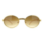 Heavy Rhinestone Trim OG Rapper Woodgrain Arm Oval Sunglasses