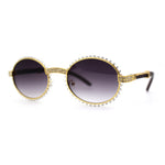 Heavy Rhinestone Trim OG Rapper Woodgrain Arm Oval Sunglasses