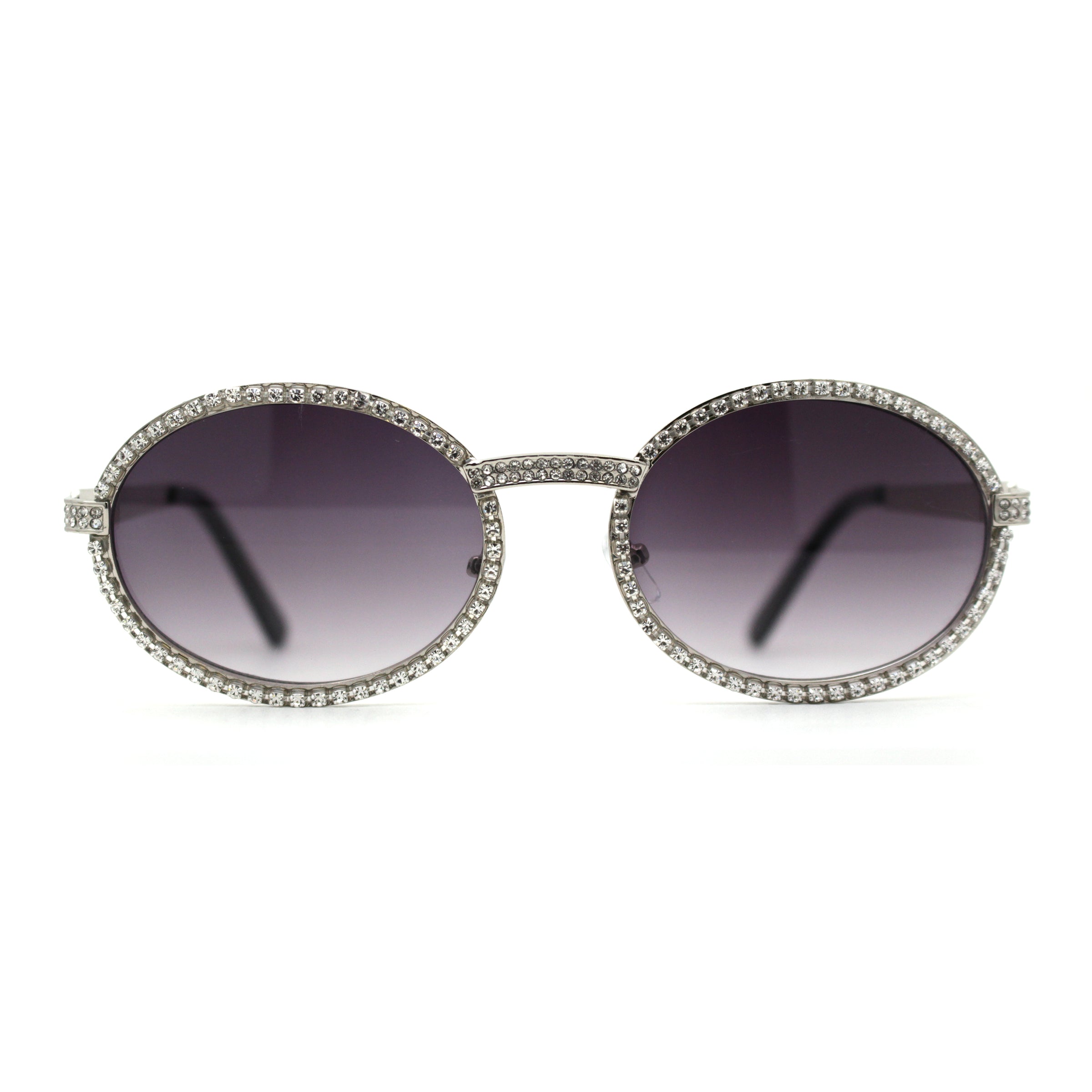 Heavy Rhinestone Jewel OG Rapper Oval Sunglasses Silver Smoke 