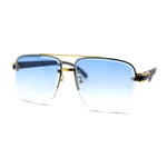 Mens Rectangle Double Bridge Half Rim Wood Grain Arm Mob Sunglasses