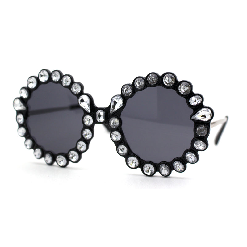 Womens Large Rhinestone Embedded Plastic Round Circle Lens Sunglasses