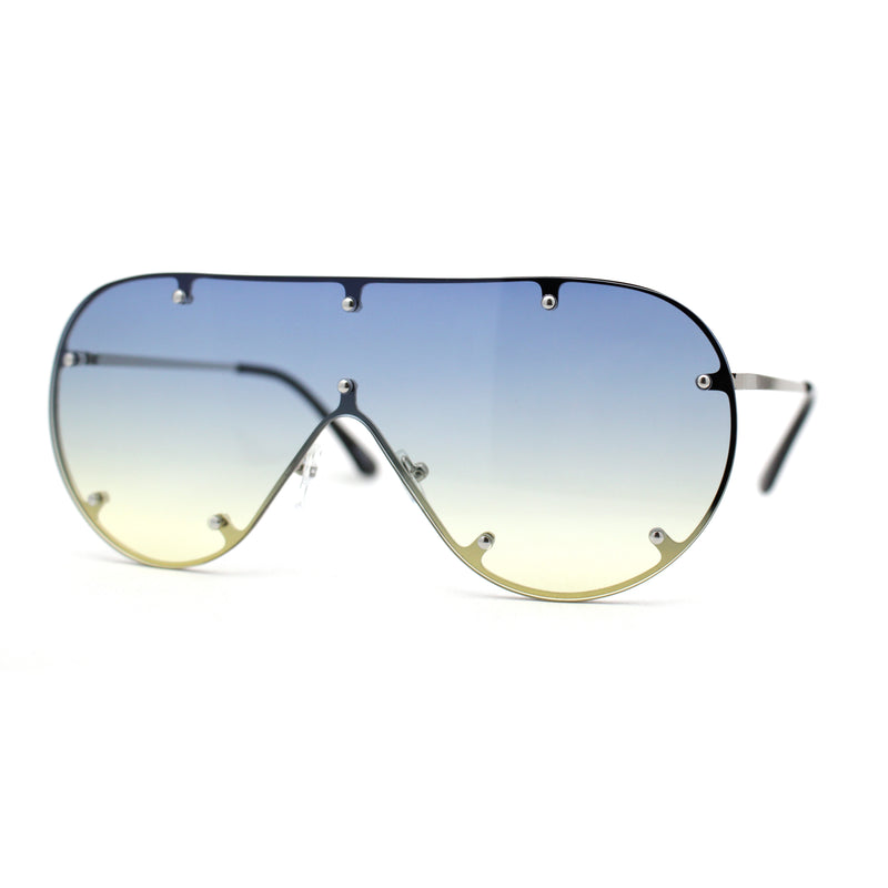 Large Shield Racer Rimless Metal Stud Trim Sunglasses