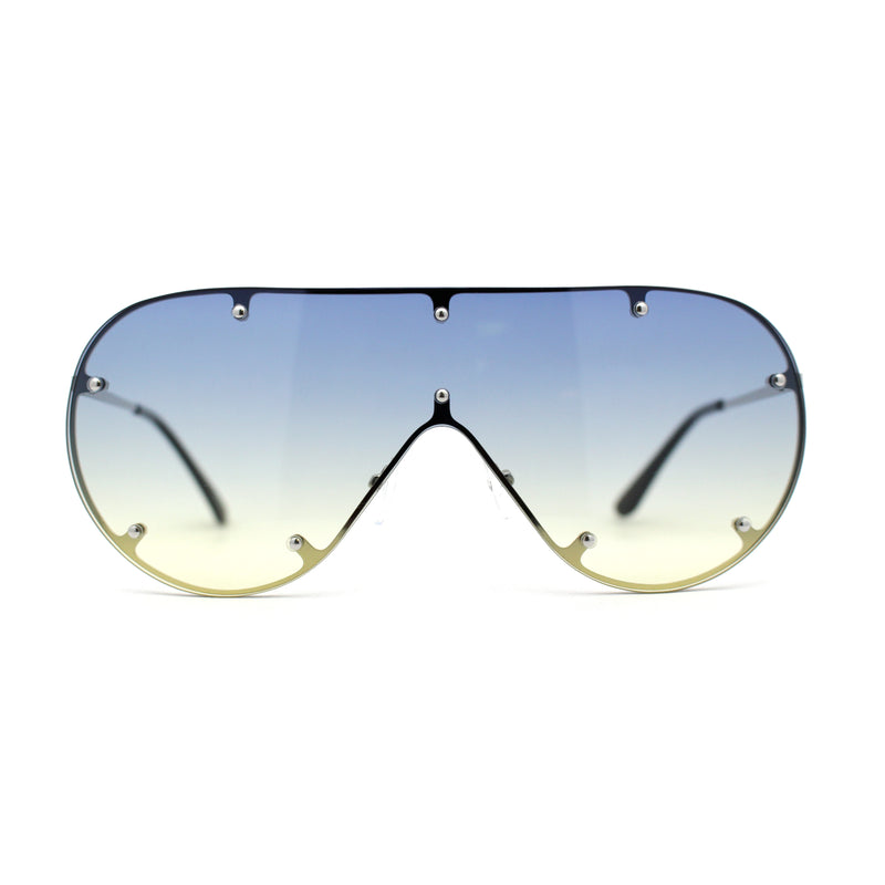 Large Shield Racer Rimless Metal Stud Trim Sunglasses