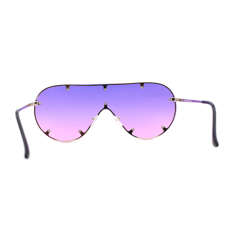 Large Shield Racer Rimless Metal Stud Trim Sunglasses