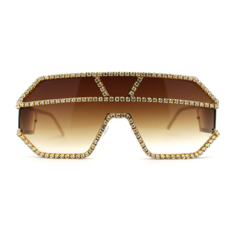 Fully Blinged Out Rhinestone Flat Top Mob Rimless Racer Sunglasses