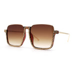 Rhinestone Bejeweled Oversize Upside Down Half Rim Rectangle Sunglasses