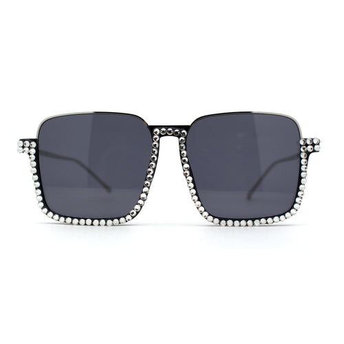 Rhinestone Bejeweled Oversize Upside Down Half Rim Rectangle Sunglasses