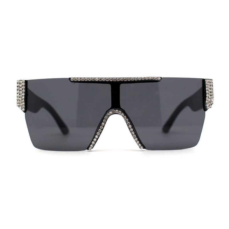 Womens Rhinestone Flat Top Rimless Shield Mafia Sunglasses