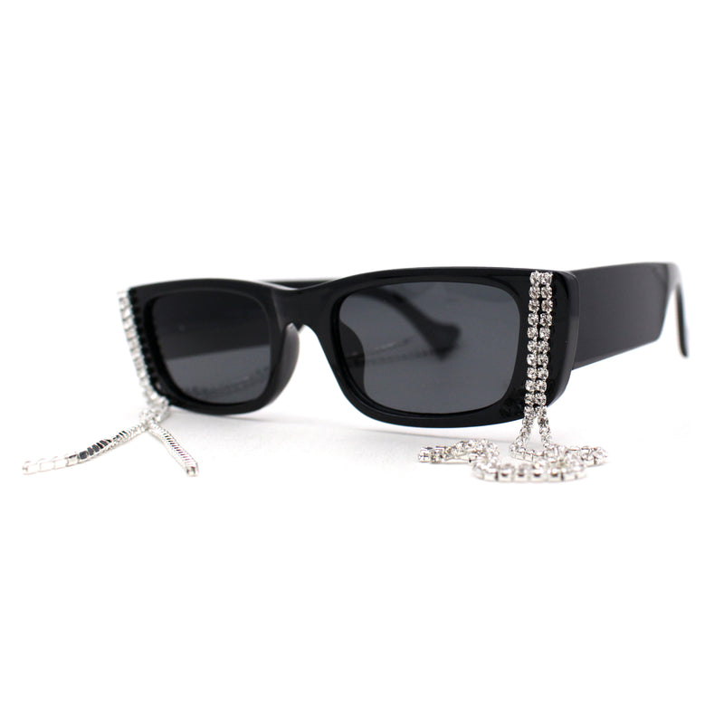 Rhinestone Tassel Jewel Chain Mod Rectangle Sunglasses