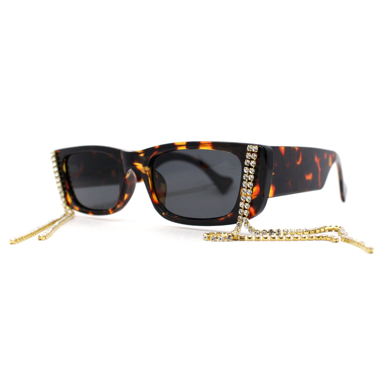 Rhinestone Tassel Jewel Chain Mod Rectangle Sunglasses