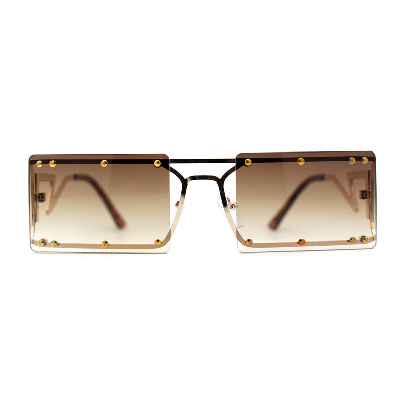 Metal Stud Rimless Rectangular Unique Metal Rim Sunglasses