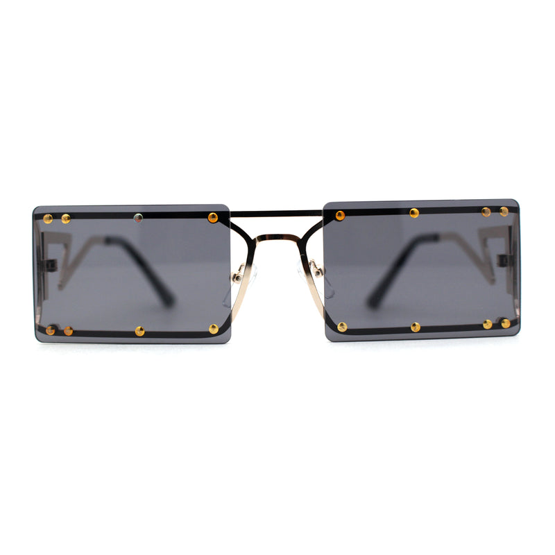 Metal Stud Rimless Rectangular Unique Metal Rim Sunglasses