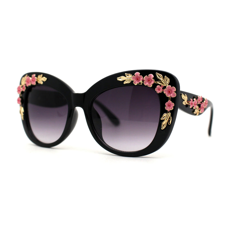 Womens Metal Flower Foliage Jewel Brow Trim Oversize Cat Eye Sunglasses