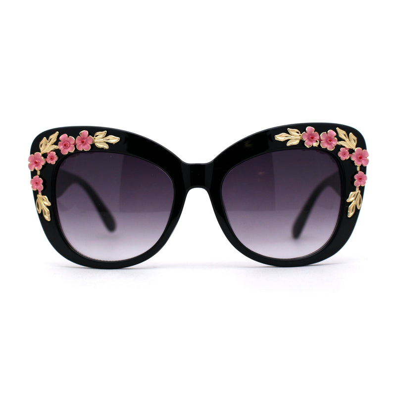 Womens Metal Flower Foliage Jewel Brow Trim Oversize Cat Eye Sunglasses