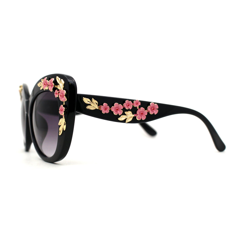 Womens Metal Flower Foliage Jewel Brow Trim Oversize Cat Eye Sunglasses