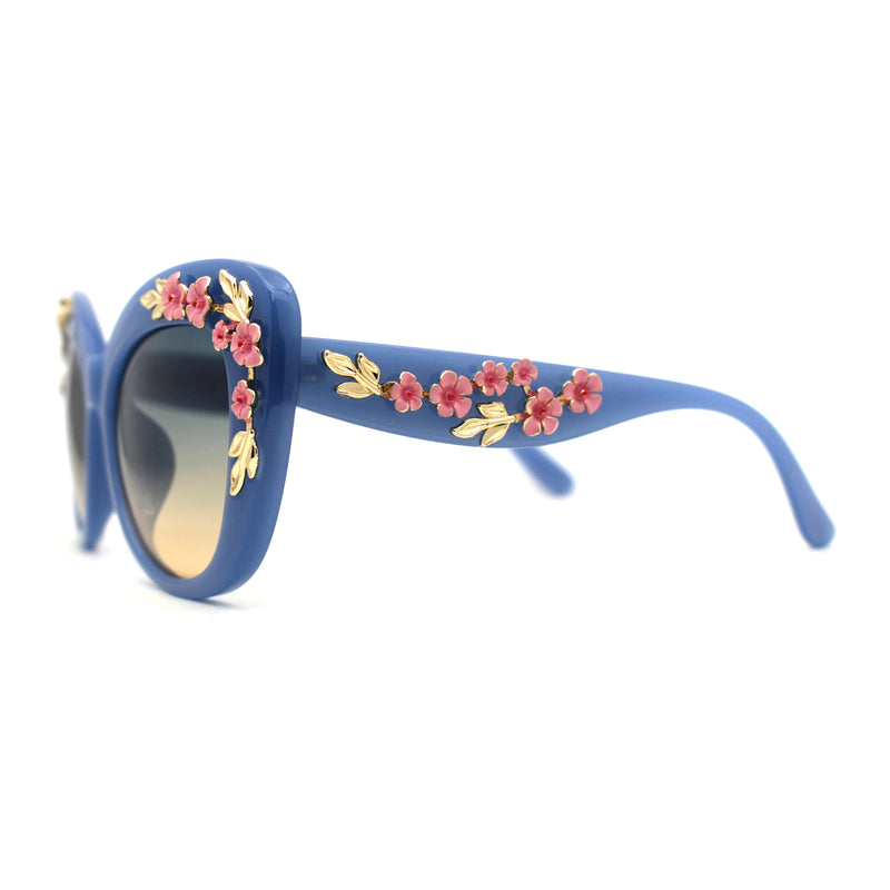 Womens Metal Flower Foliage Jewel Brow Trim Oversize Cat Eye Sunglasses