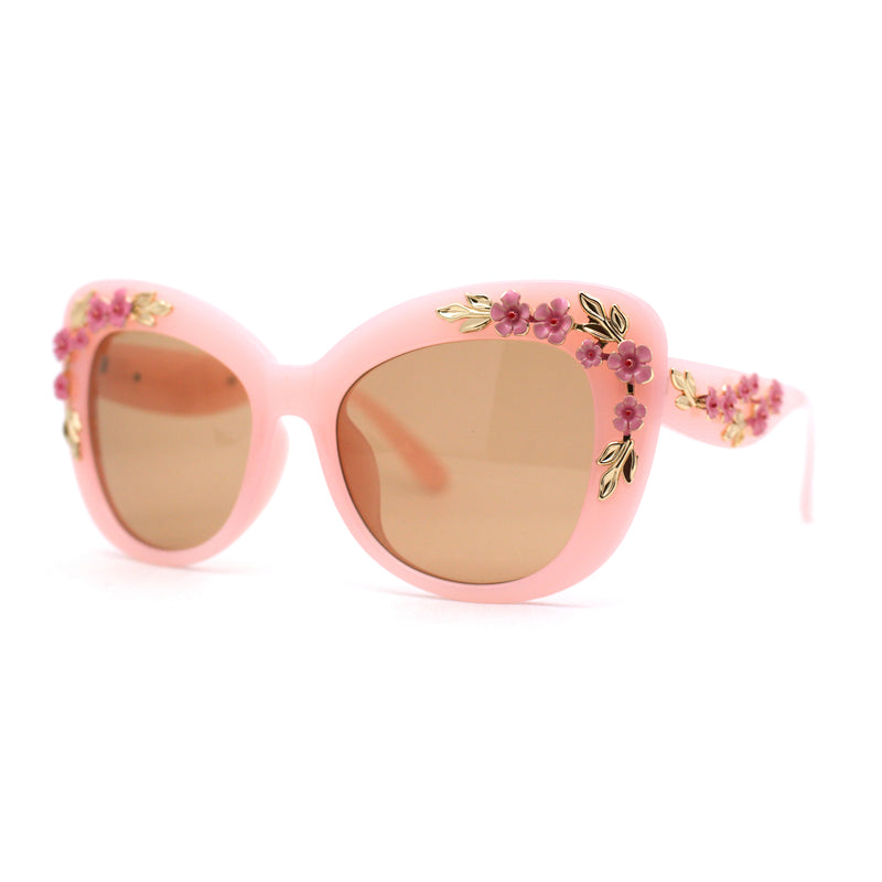 Womens Metal Flower Foliage Jewel Brow Trim Oversize Cat Eye Sunglasses