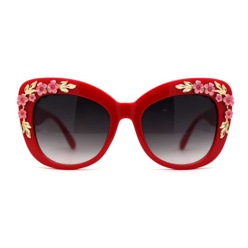 Womens Metal Flower Foliage Jewel Brow Trim Oversize Cat Eye Sunglasses