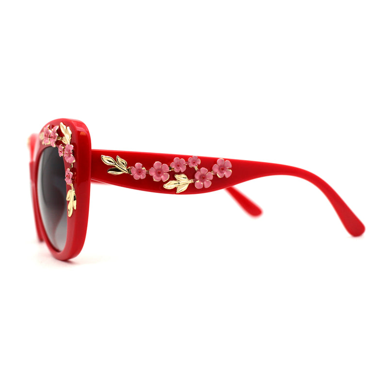 Womens Metal Flower Foliage Jewel Brow Trim Oversize Cat Eye Sunglasses