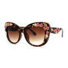 Womens Metal Flower Foliage Jewel Brow Trim Oversize Cat Eye Sunglasses