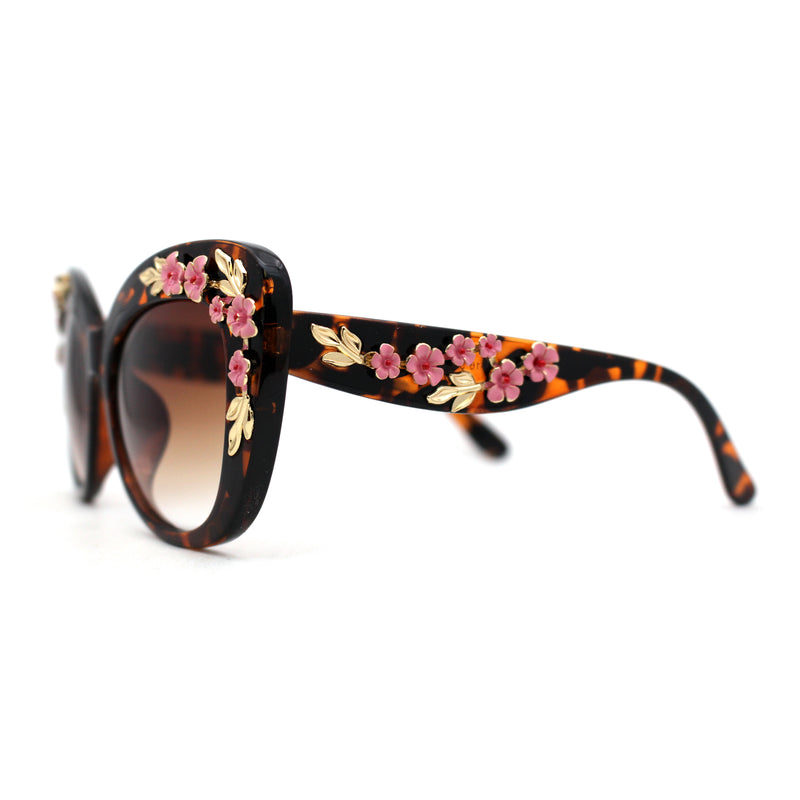 Womens Metal Flower Foliage Jewel Brow Trim Oversize Cat Eye Sunglasses