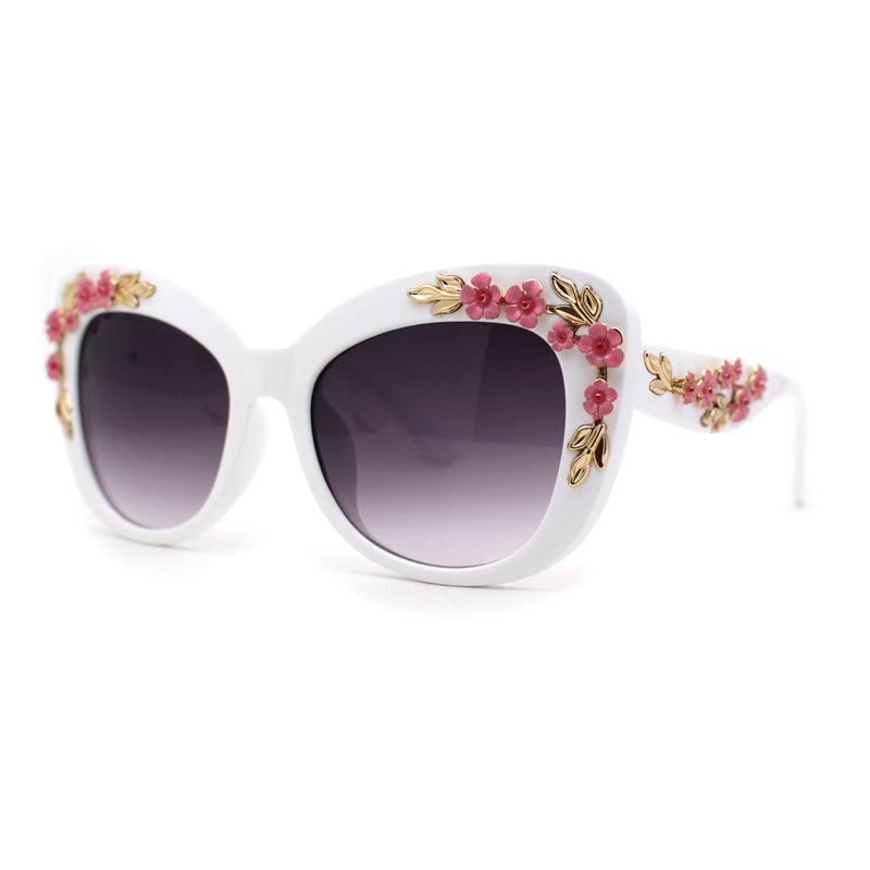 Womens Metal Flower Foliage Jewel Brow Trim Oversize Cat Eye Sunglasses