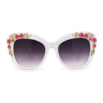 Womens Metal Flower Foliage Jewel Brow Trim Oversize Cat Eye Sunglasses