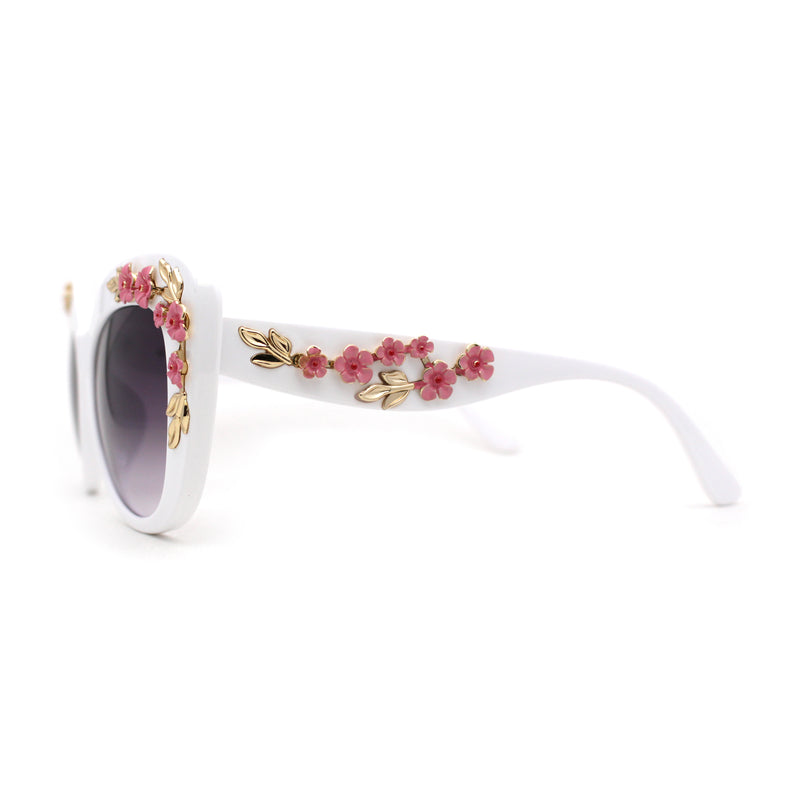 Womens Metal Flower Foliage Jewel Brow Trim Oversize Cat Eye Sunglasses